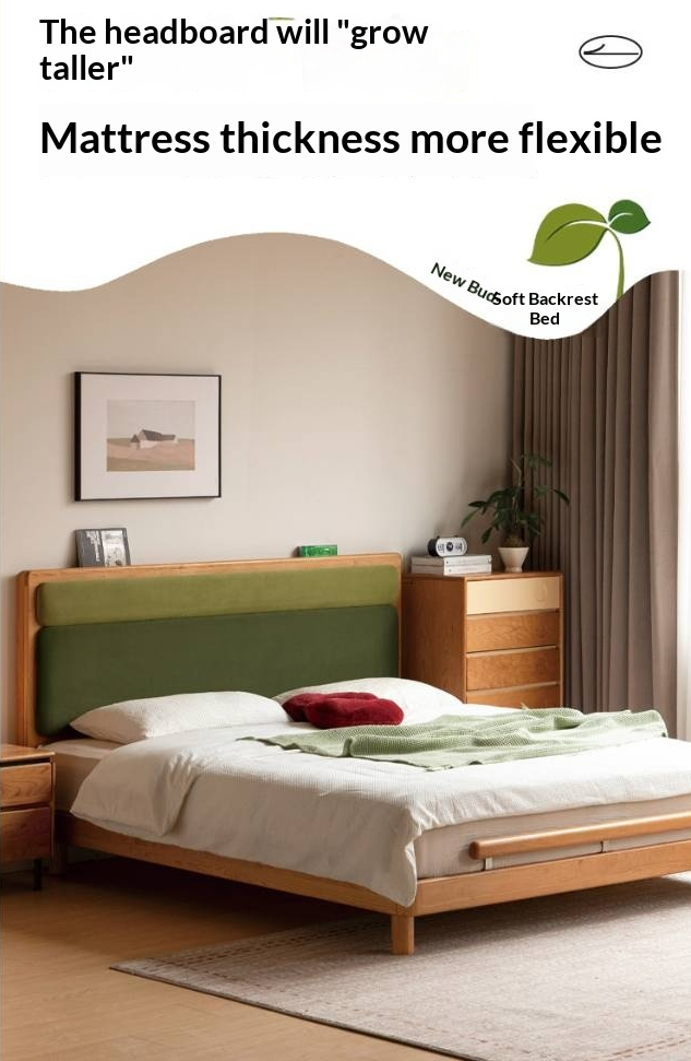 Cherry Solid Wood Fabric Soft Backrest Bed Modern Minimalist
