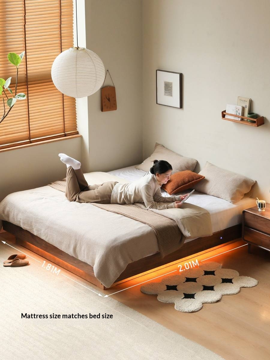 Black Walnut Solid Wood Platform Box Bed, Headboard-Free Bed Night Light Suspended Bed