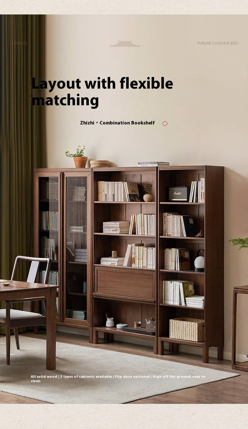 Black Walnut, Oak Solid Wood Nordic Bookcase with Glass Door