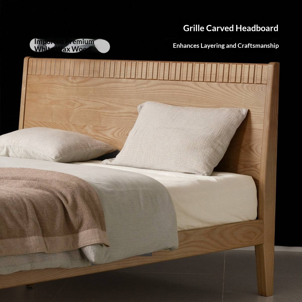 Ash Solid Wood Modern Minimalist Bed with Grooved Headboard and High Under-Bed Clearance