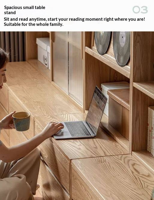 Ash Solid Wood Wall-Mounted Bookcase with Integrated Study Shelf