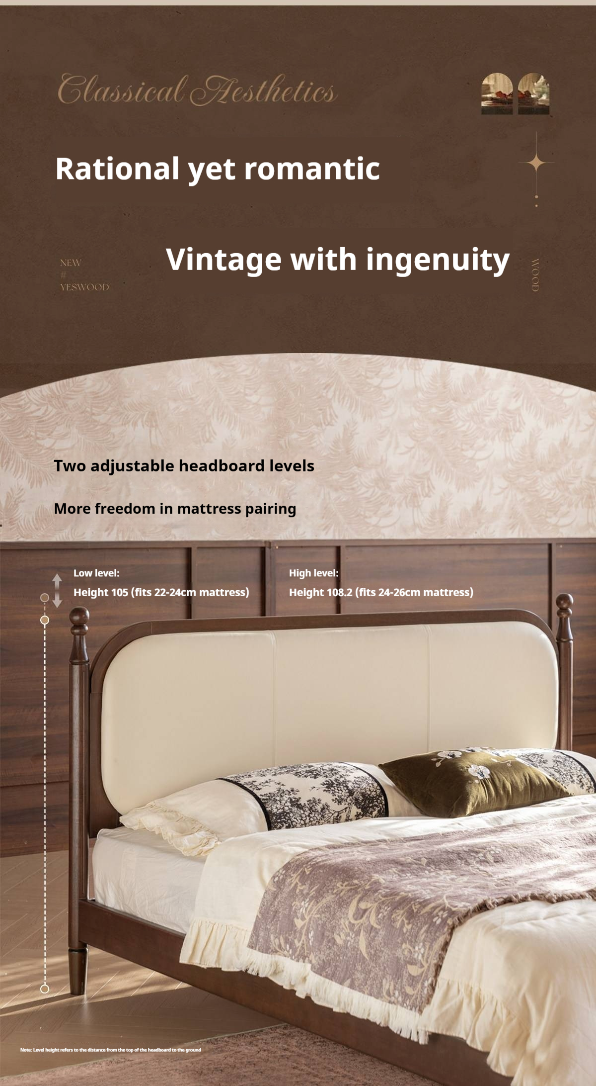 Rubberwood Solid Wood Four Poster Upholstered Bed with Adjustable Headboard