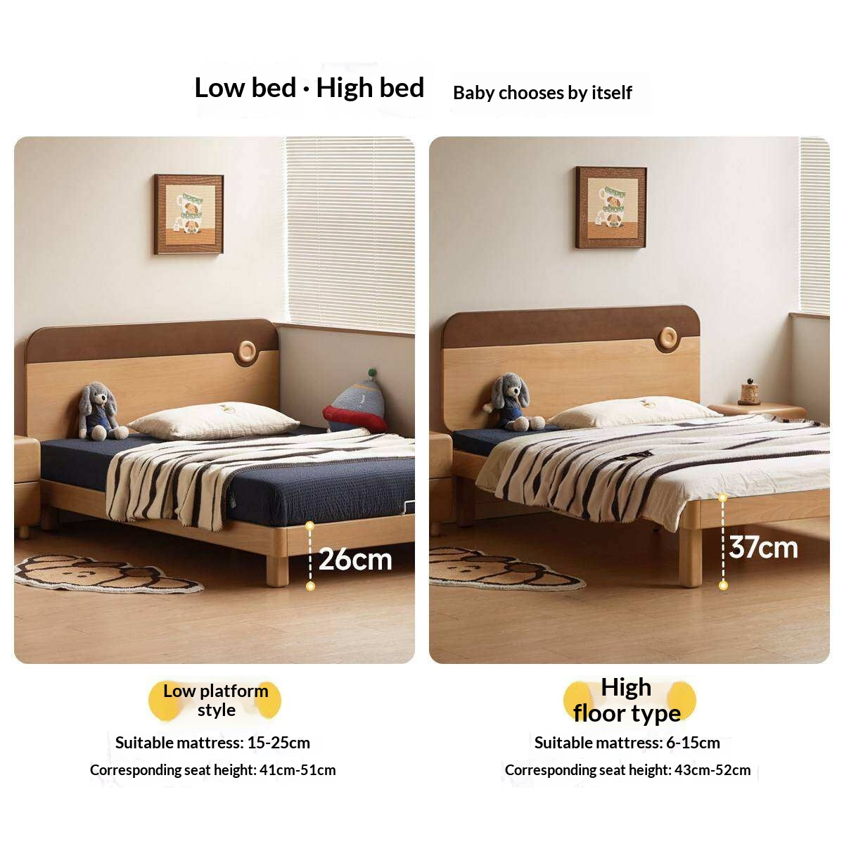 Beech Solid Wood Kids Montessori Platform Bed with Adjustable Headboard