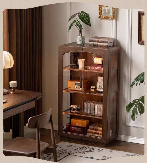 Black Walnut Solid Wood Side Cabinet with LED Lighting and Glass Panels