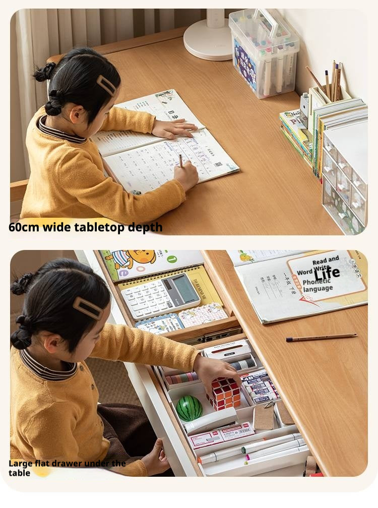 Beech Solid Wood Bookshelf Integrated Children's Desk.