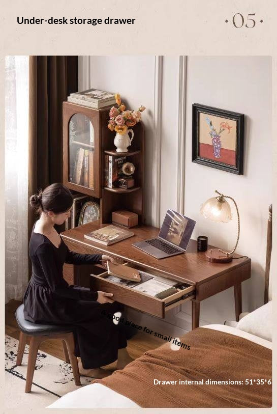 Oak Solid Wood Telescopic Desk with Integrated Bookshelf