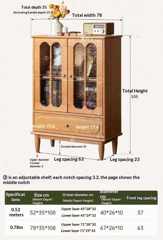 Cherry Solid Wood Side Cabinet with Glass Panels and Storage Shelves