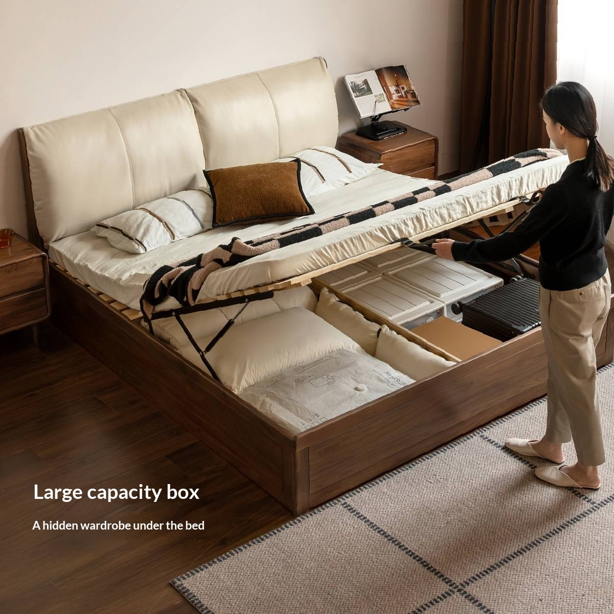 Black Walnut Solid Wood Box Bed — Luxury Genuine Leather Bed with Soft Backrest