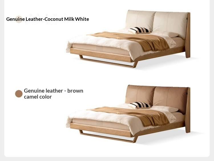 Oak Solid Wood Bed — Modern Minimalist Style with Genuine Leather and Floating Design