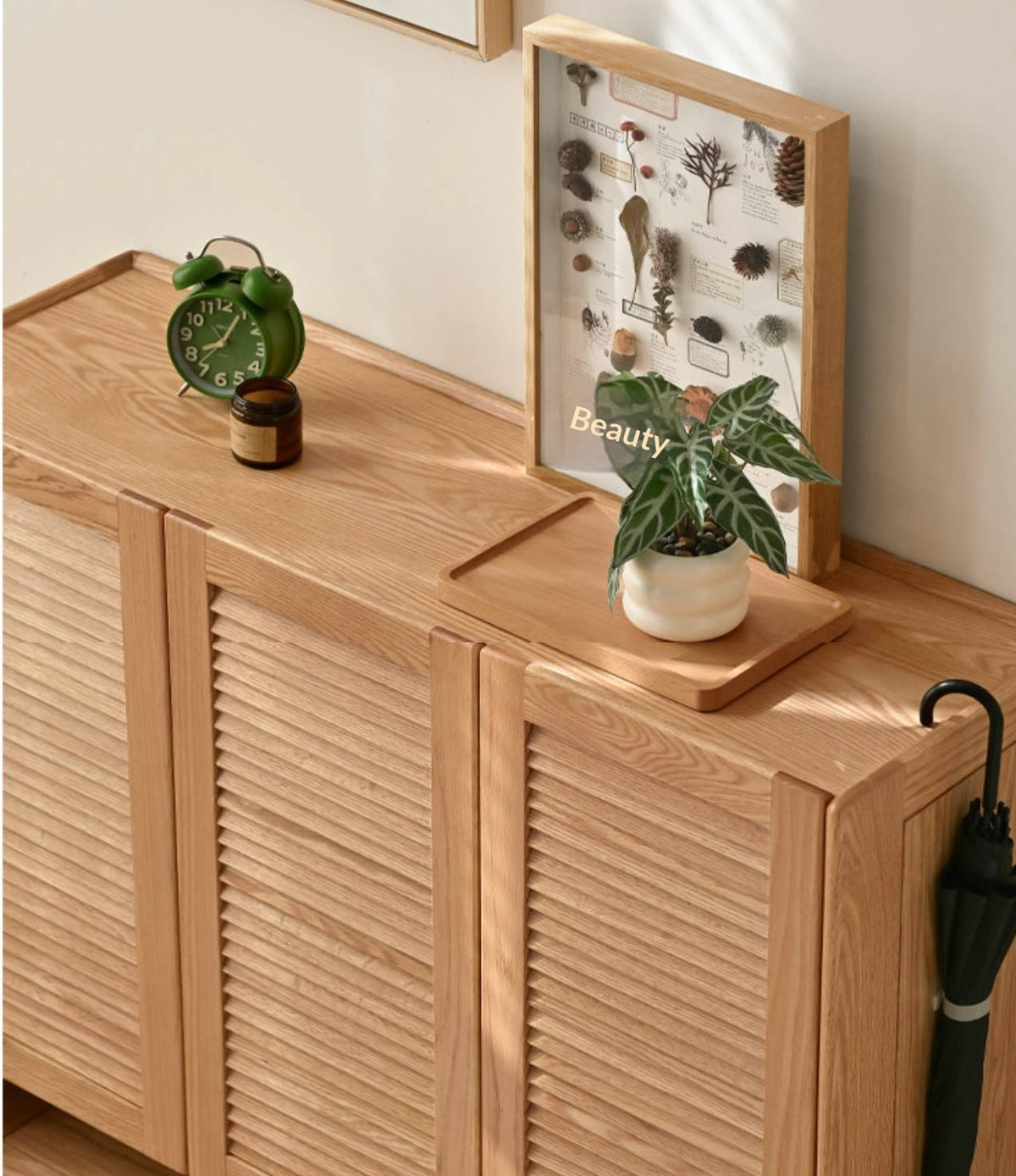 Oak Solid Wood Louvered Door Shoe Cabinet with Open Shelf for Entryway