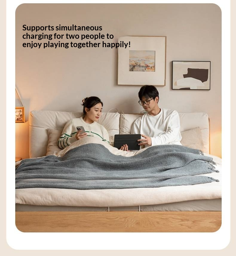 Oak Solid Wood with Upholstered Headboard Luminous Box Bed Cream Style