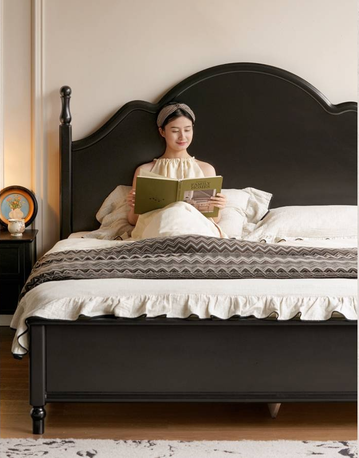 Rubberwood Solid Wood Bed American Retro Black Style