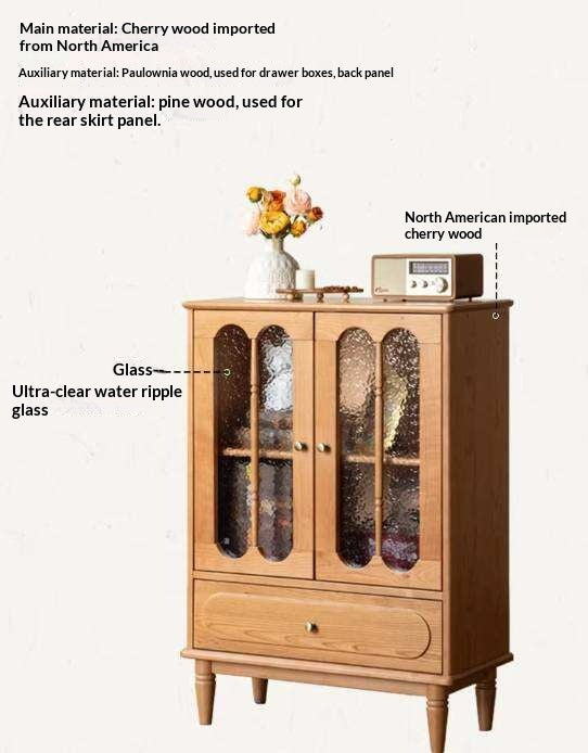 Cherry Solid Wood Side Cabinet with Glass Panels and Storage Shelves