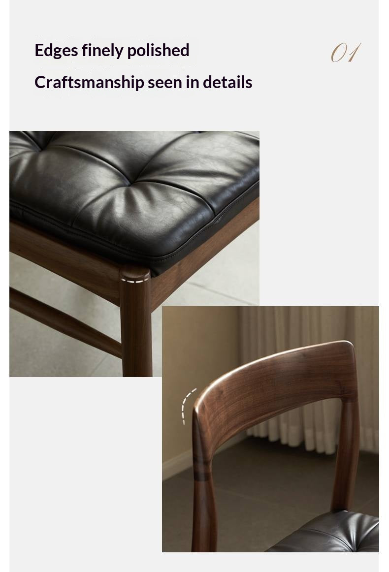 Set 4 pcs Black Walnut Solid Wood Dining Chair with Leather Seat, Mid Century Modern