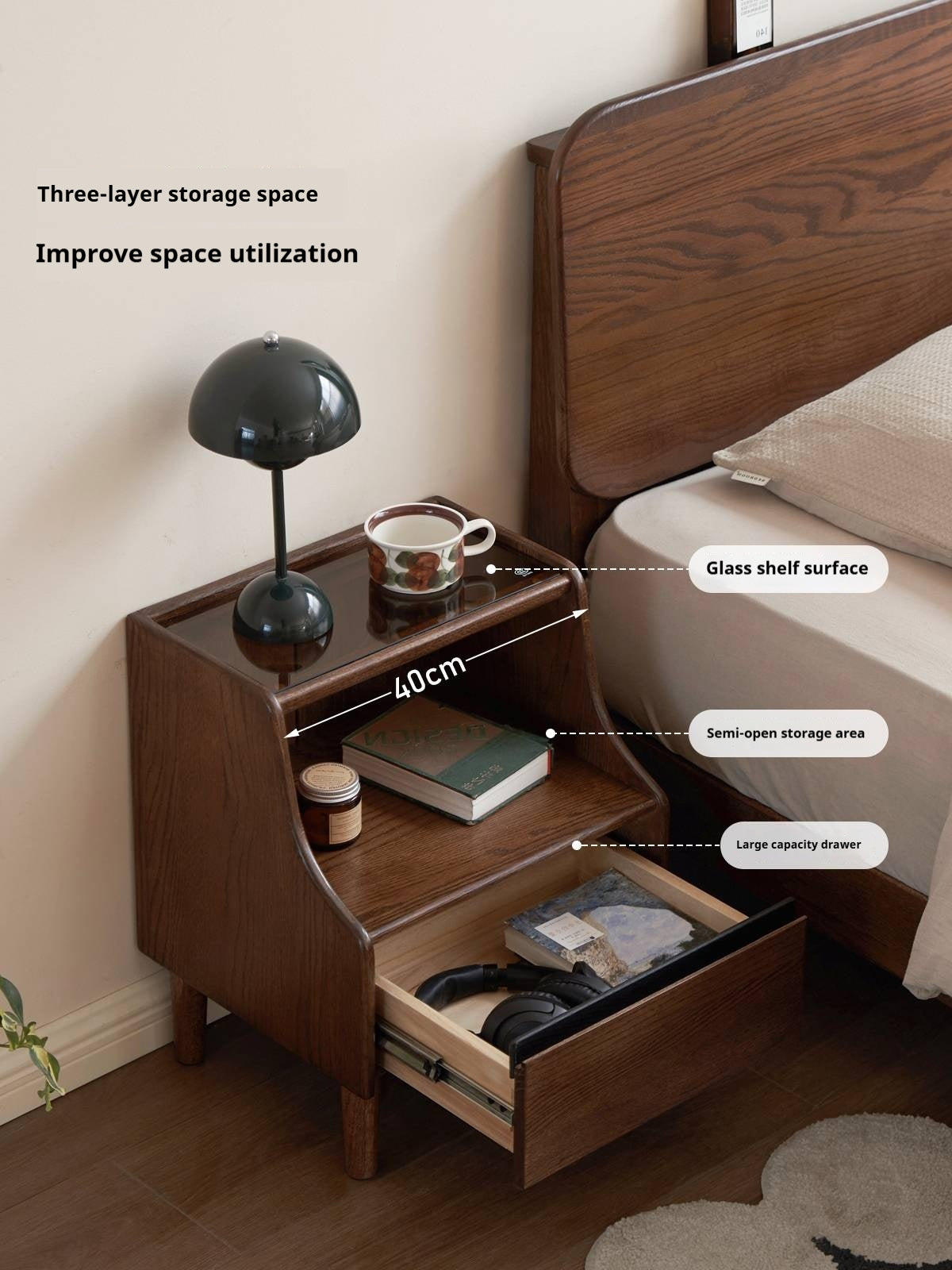 Solid Rubberwood, Oak Solid Wood Nightstand