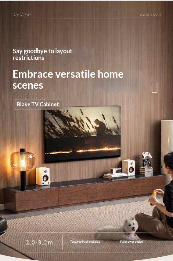 Catalpa Solid Wood TV Cabinet with Storage Drawers, Media Console with Slate Top