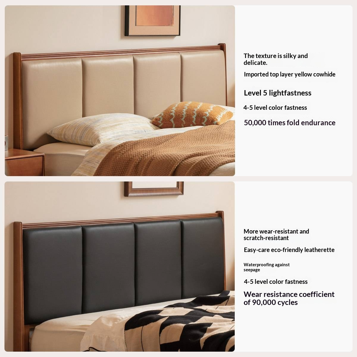 Poplar Solid Wood Mid-Century Piano Key Bed with Leather Upholstered Headboard