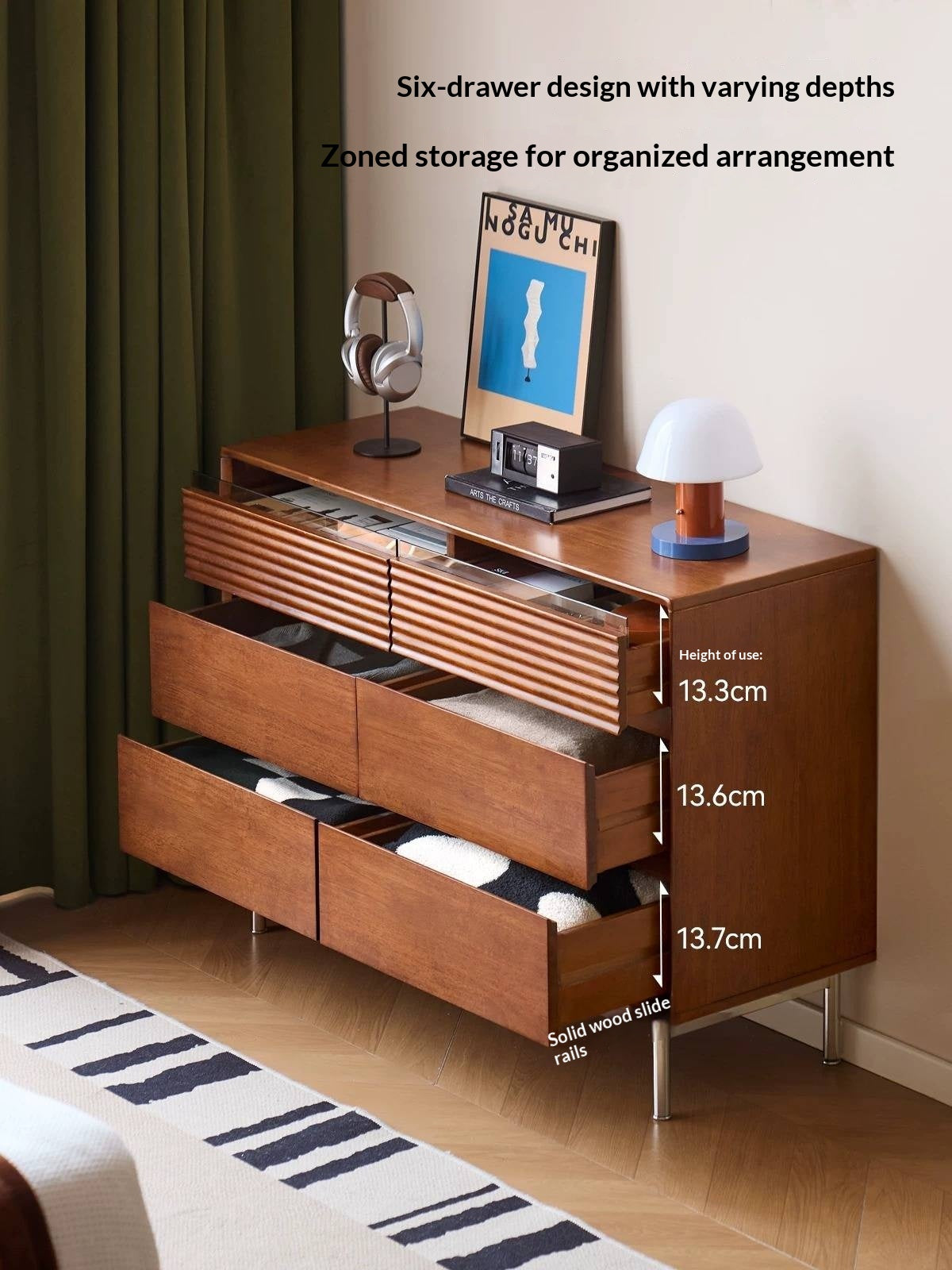 Rubberwood Solid 6-Drawer Dresser, Mid Century Bedroom Storage Cabinet
