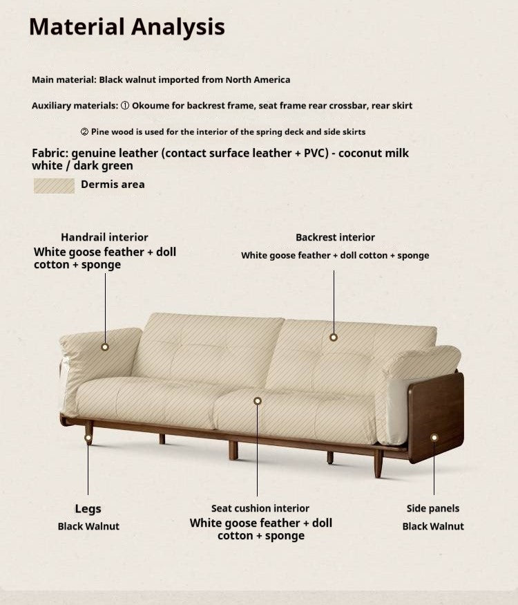 Black Walnut, Oak Solid Wood Genuine Leather Sofa Italian-Inspired