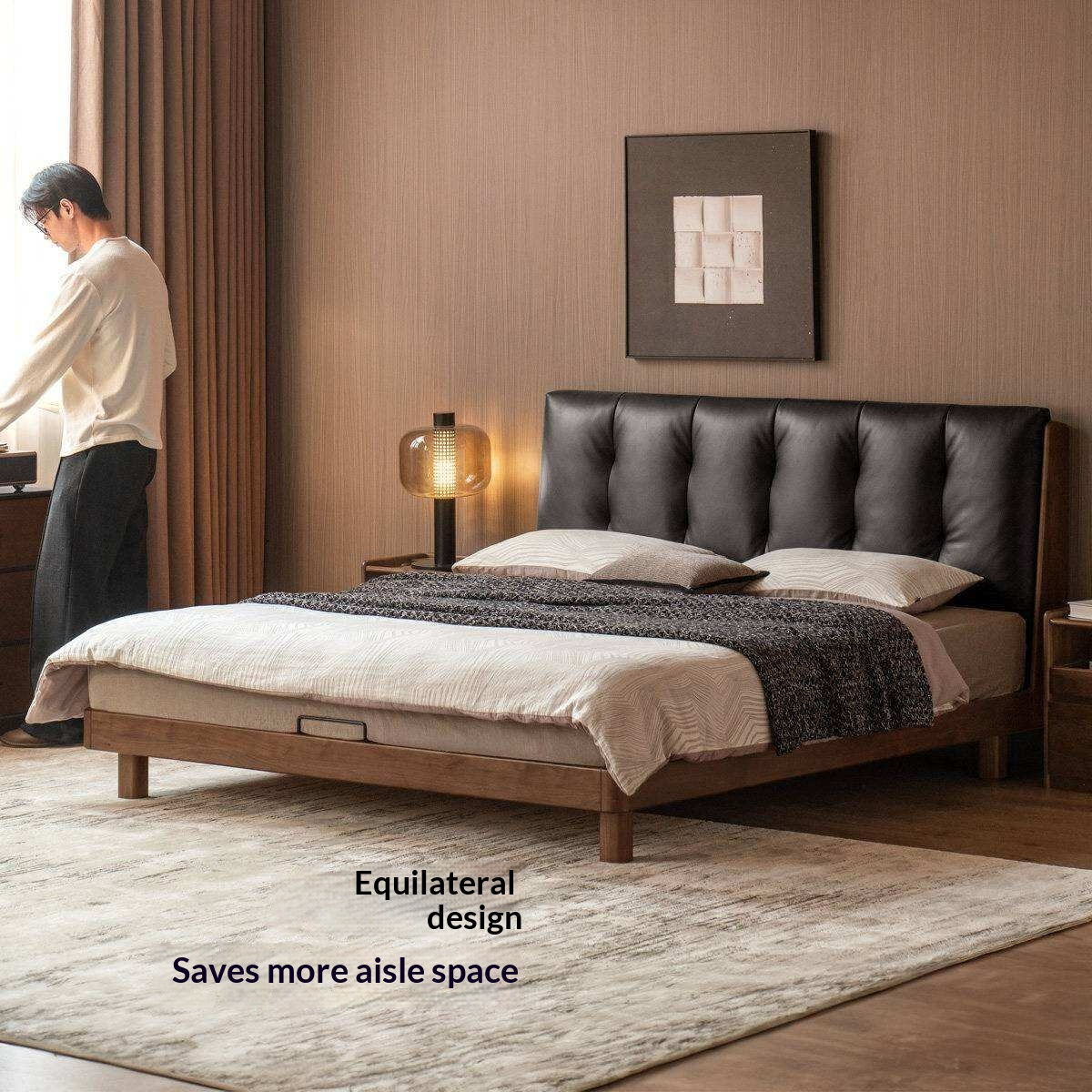 Black Walnut Solid Wood Leather Upholstered Platform Bed with Vertical Channel Tufted Headboard