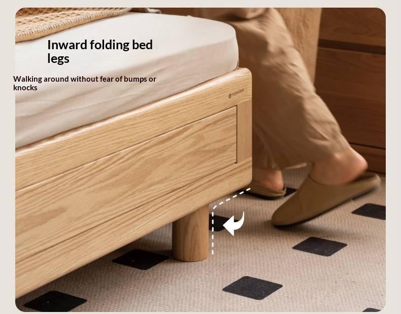 Oak Solid Wood Platform Storage Bed with Hidden Drawers and Bedside Shelf