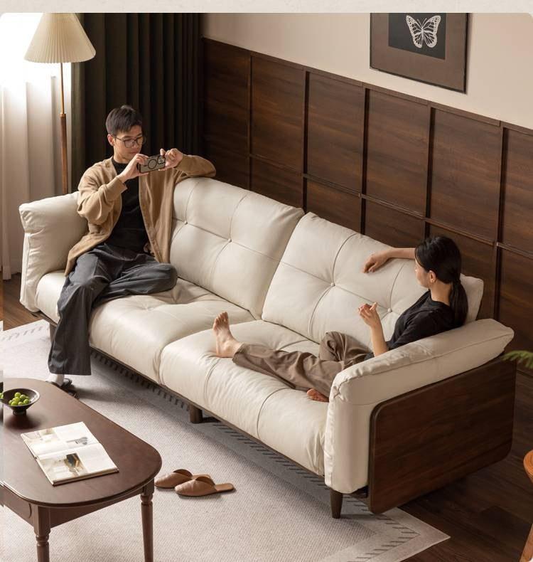 Black Walnut, Oak Solid Wood Genuine Leather Sofa Italian-Inspired