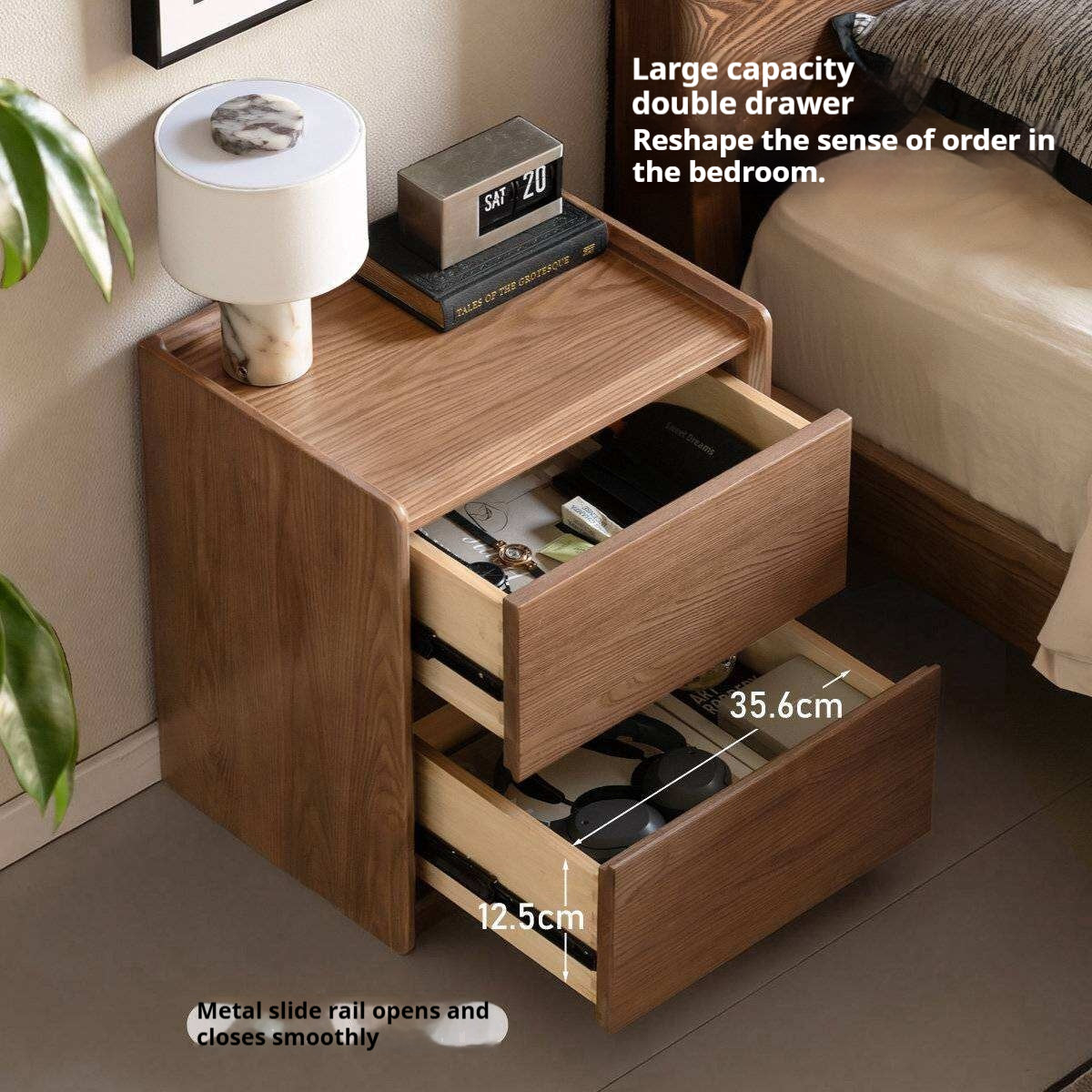 Ash Solid Wood Nightstand with Single Drawer and Open Shelf