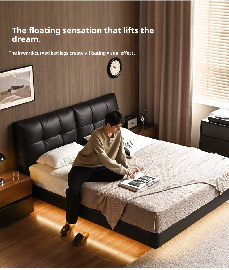 Genuine Leather Top Layer Cowhide Soft Suspension Bed with Lighting