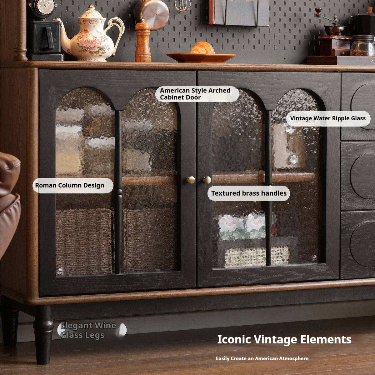 Ash Solid Wood Sideboard with American Retro Style and Storage Cabinet