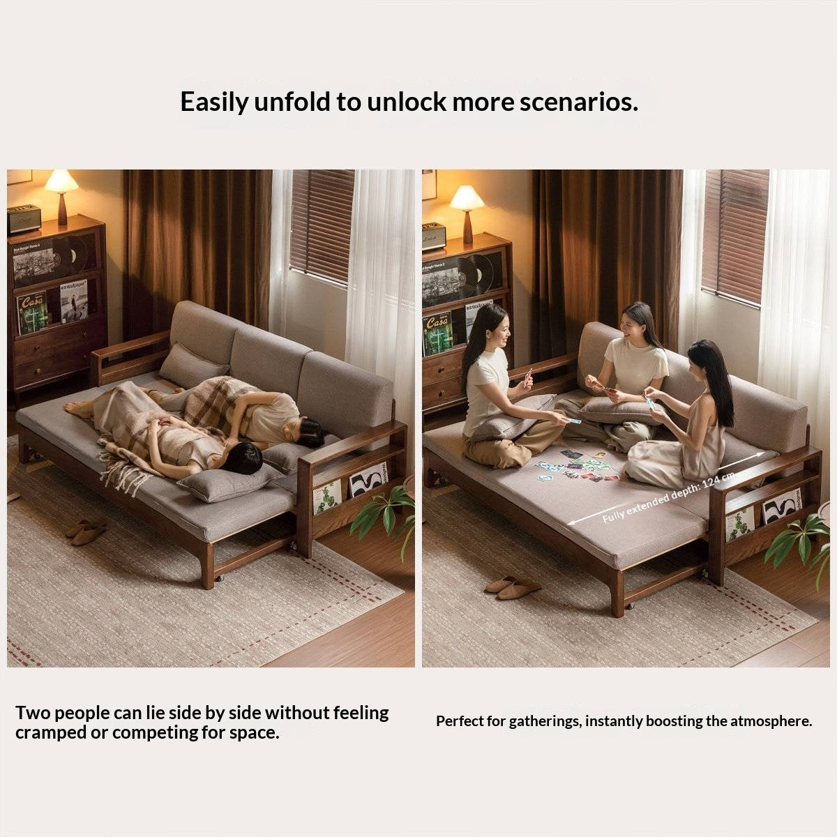 Oak, Beech Sofa Bed with Wood Frame and Side Storage Pocket