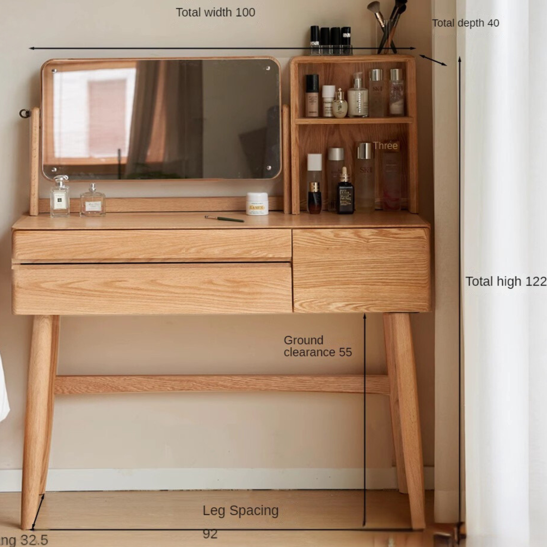 Oak, Beech Solid Wood Nordic Style Vanity Table.