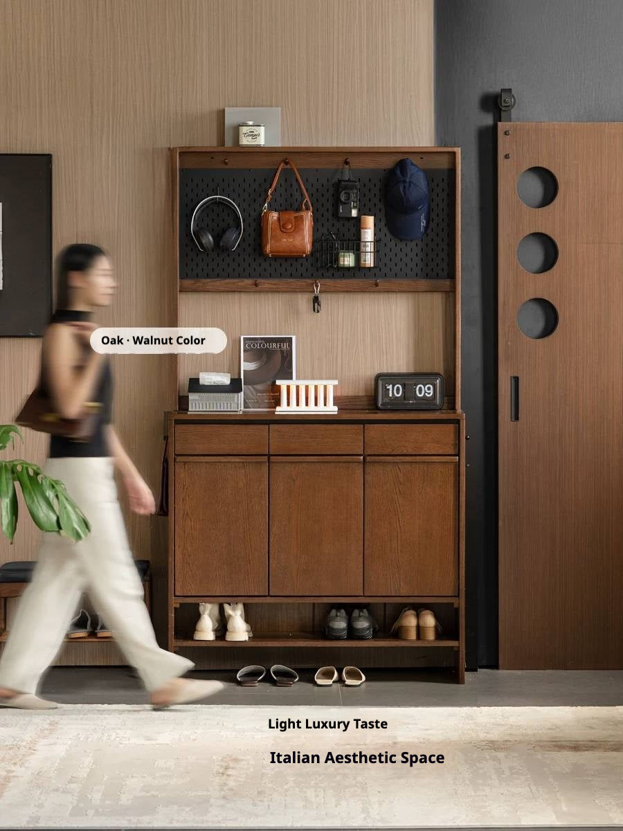 Oak Solid Wood Large Entryway Shoe Cabinet with Pegboard Hutch and Drawers, Walnut Finish