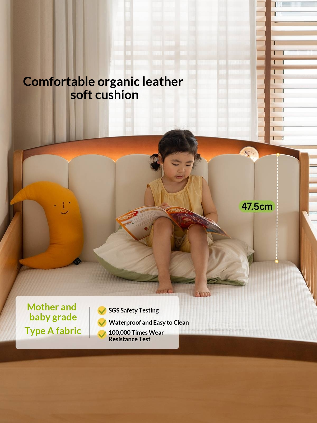 Beech Solid Wood Children's Soft Backrest Storage Loft Bed with Night Light