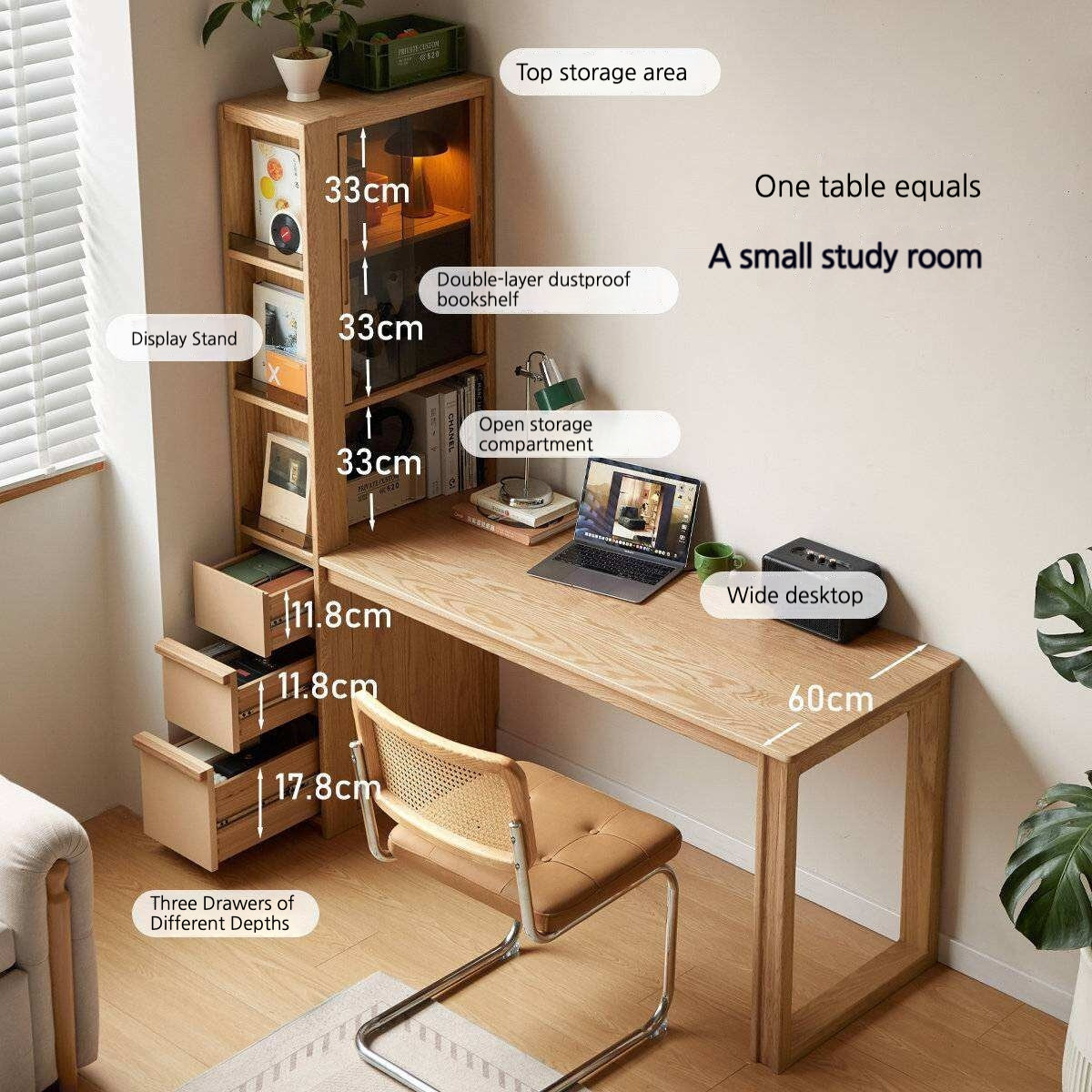 Oak Solid Wood Computer Desk with Integrated Frame and Minimalist Design