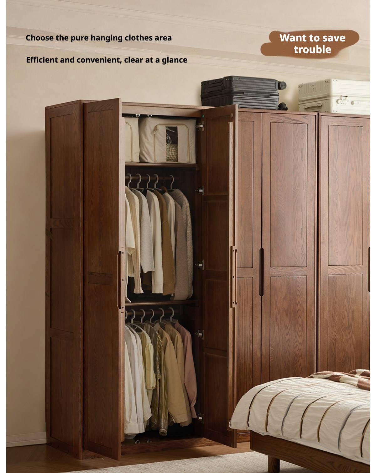 Oak Solid Wood Wardrobe with Recessed Groove Handles