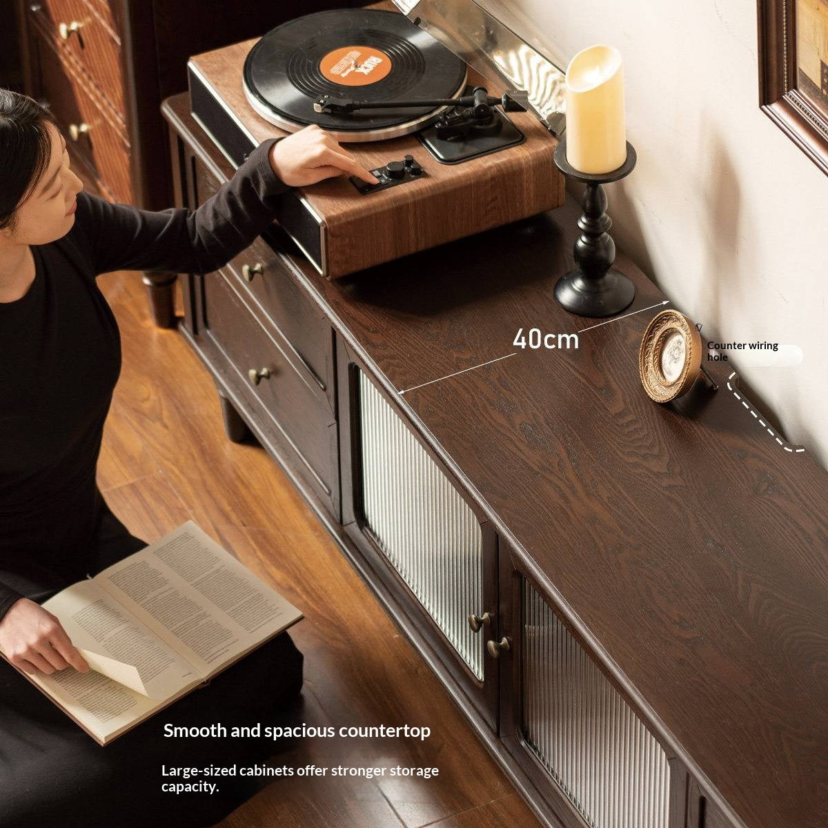 Ash Solid Wood Vintage TV Console with Fluted Glass Doors