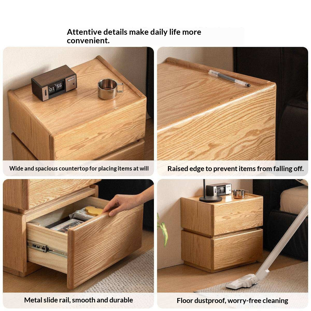 Oak Solid Wood Nightstand with Storage Drawer