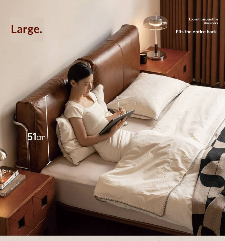 Genuine Leather Bauhaus Style Double Bed with Top Grain Cowhide Soft Backrest