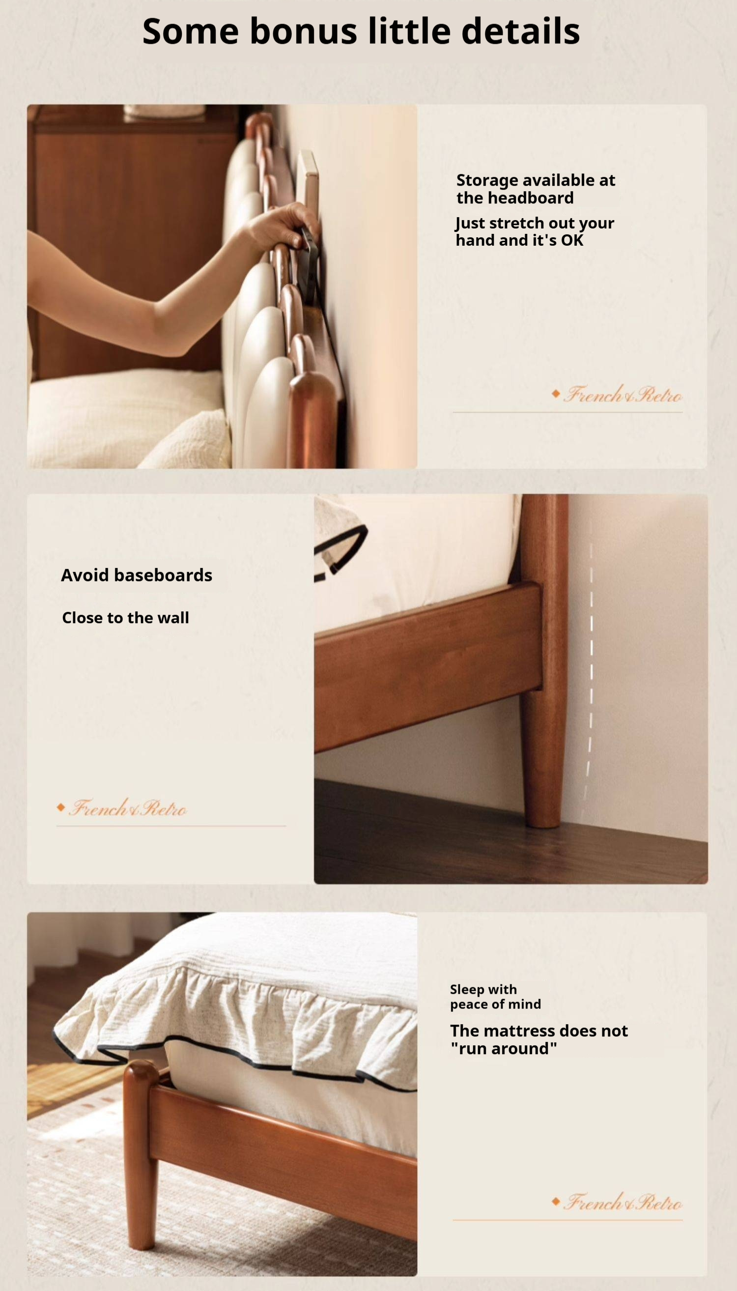 Poplar Solid Wood Bed, French Retro Style Piano Key Bed