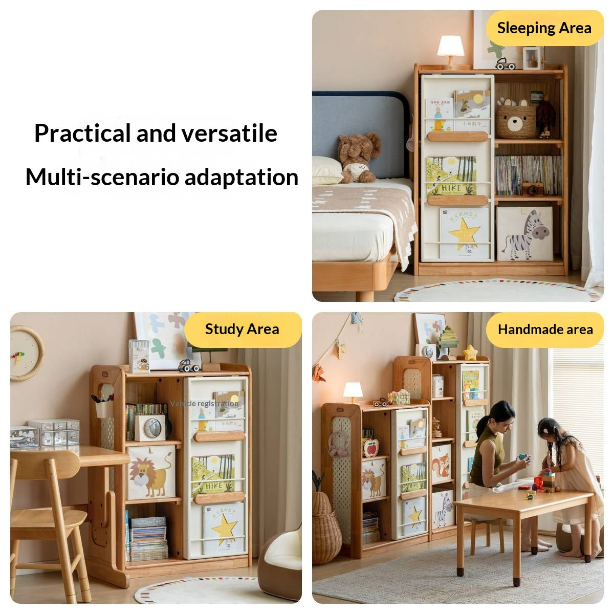 Solid Rubberwood Children's Bookcase with Sliding Doors and Toy Storage