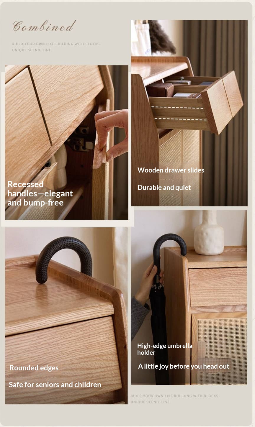 Oak Solid Wood Modern Entryway Shoe Cabinet with Drawers