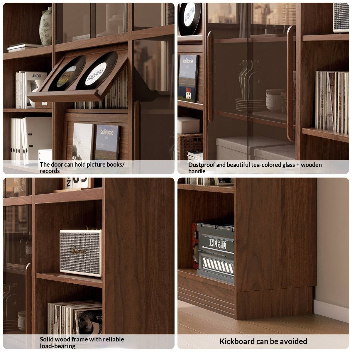 Black Walnut, Oak Solid Wood Floor-Standing Bookcase with Luxury Storage Cabinet