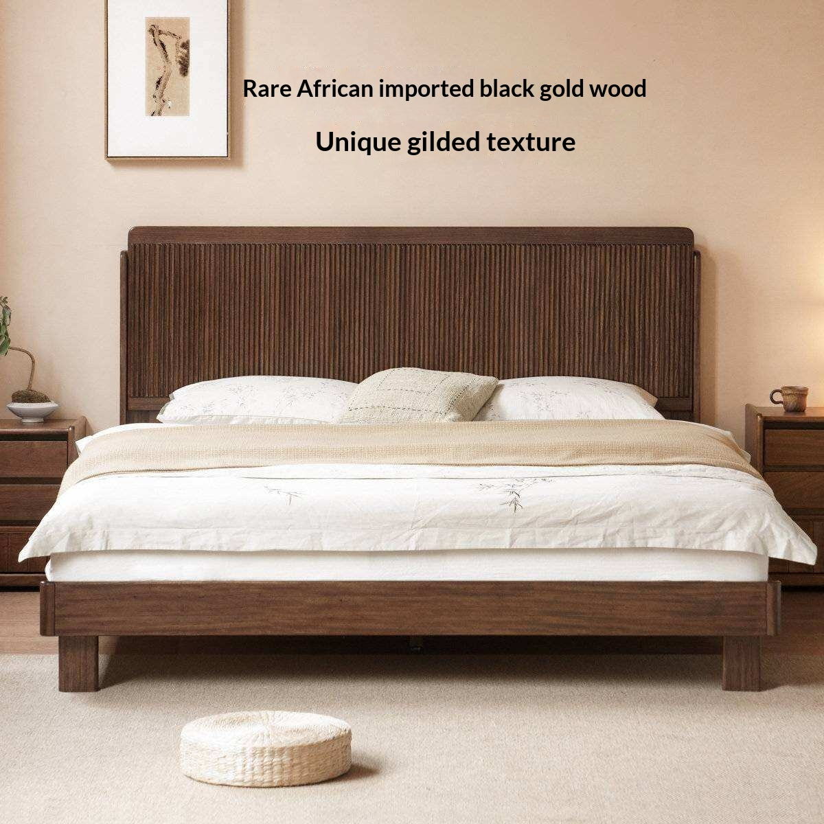 Ebony Solid Wood Bed with Vertical Fluted Panel Headboard and Block Legs