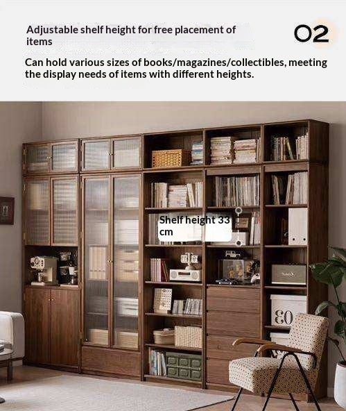 Black Walnut Solid Wood Bookcase Display Glass Door Storage Cabinet