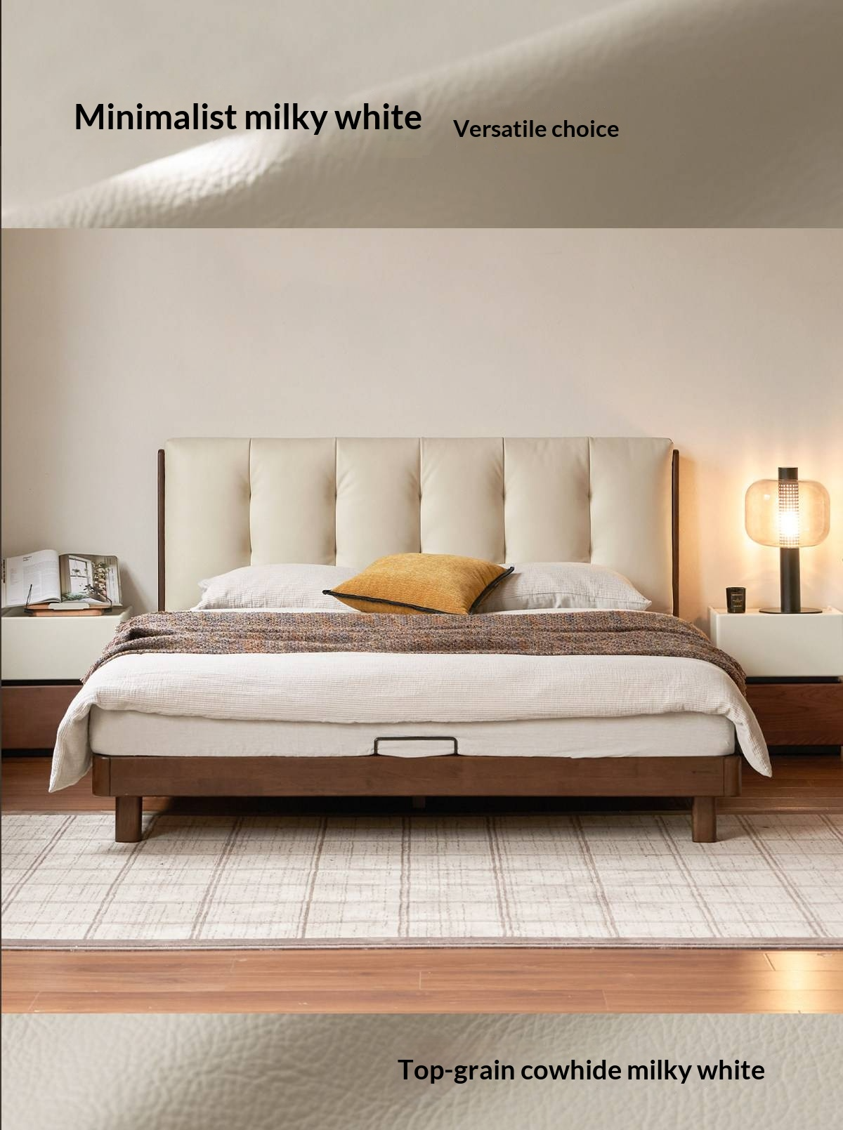 Rubberwood Solid Wood Italian Style Bed with Leather Headboard and Soft Goose Down Cushion