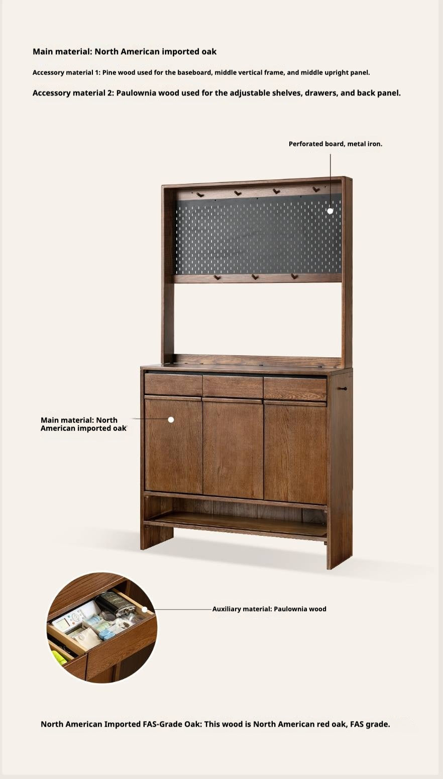Oak Solid Wood Large Entryway Shoe Cabinet with Pegboard Hutch and Drawers, Walnut Finish