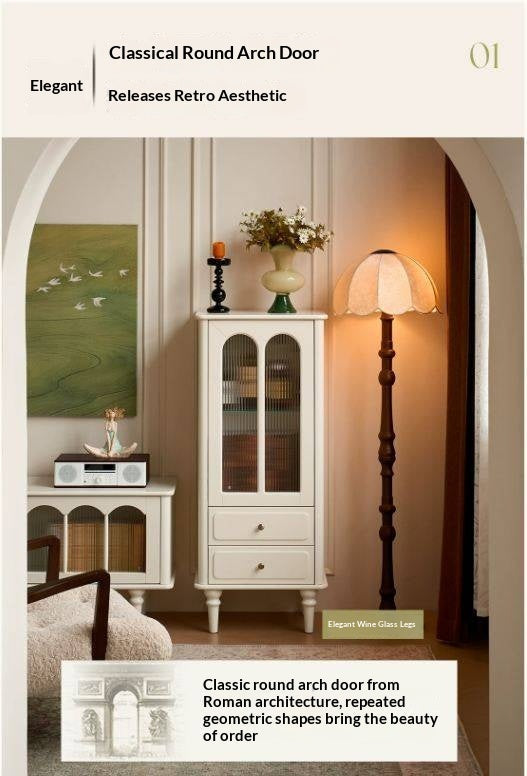Solid RubberWood French Accent Cabinet with Round Arch Glass Doors and Turned Legs
