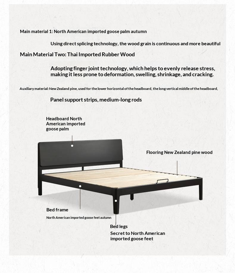 Rubberwood, Poplar Solid Wood Bed in Black — Modern Casual Edge Design