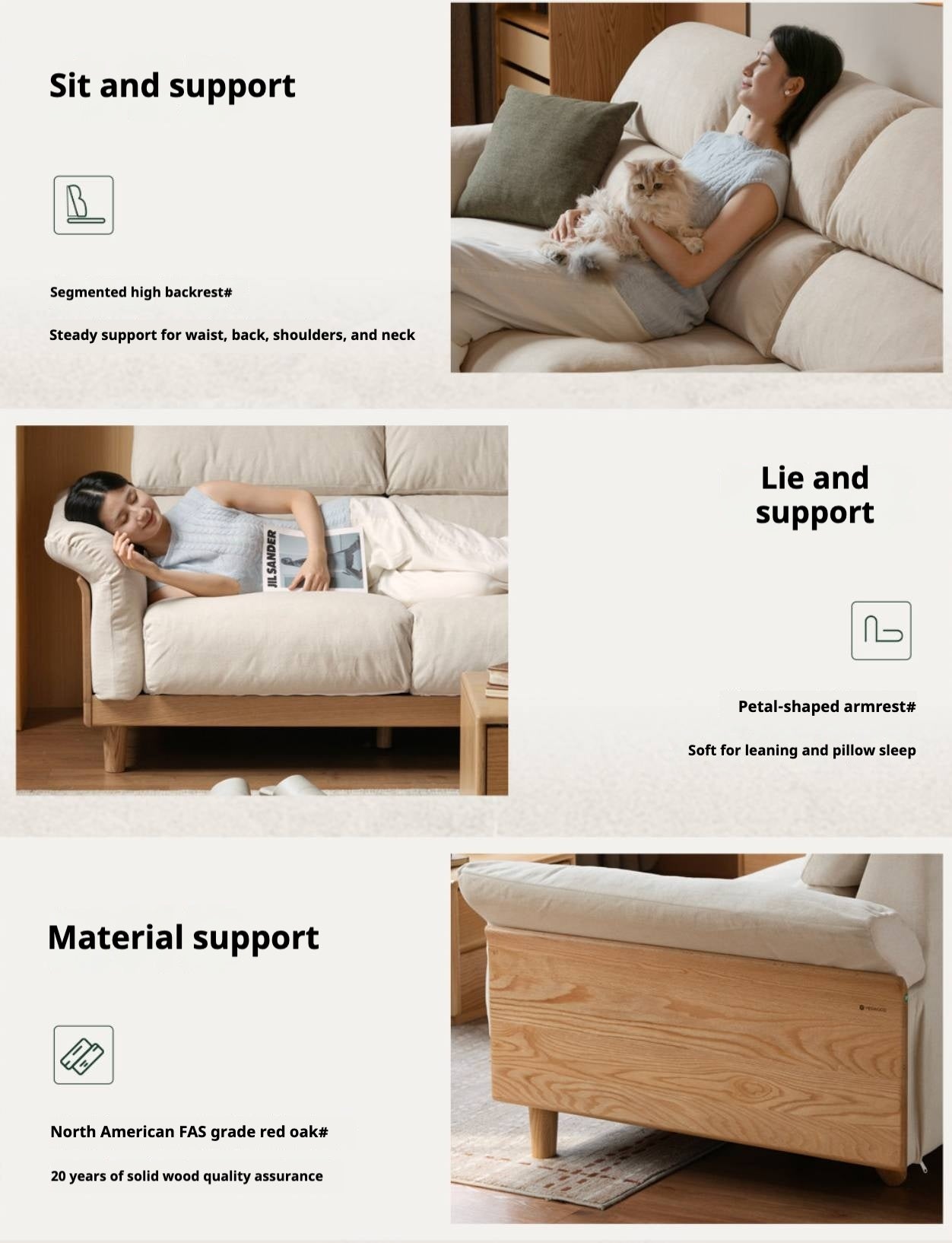 Oak Solid Wood Fabric Sofa, Couch with High Back Cushions, Durable Pet-Friendly Upholstery