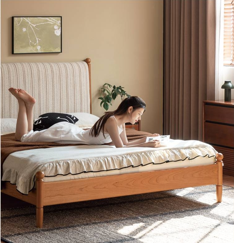 Cherry Solid Wood Fabric Upholstered Bed